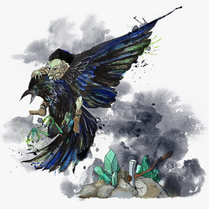 A kobold és a holló - fantasy illusztráció, akvarell és tus