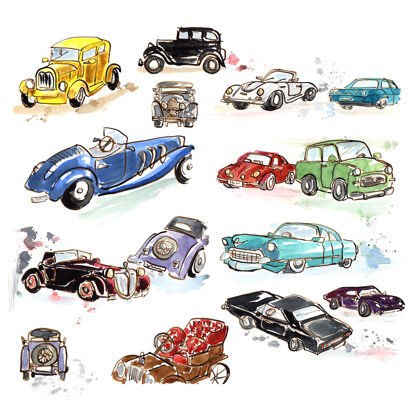 Vizuális gyűjtés - autók - akvarell és tus