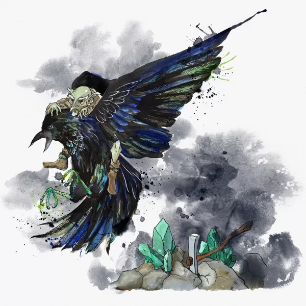 A kobold és a holló - fantasy illusztráció, akvarell és tus